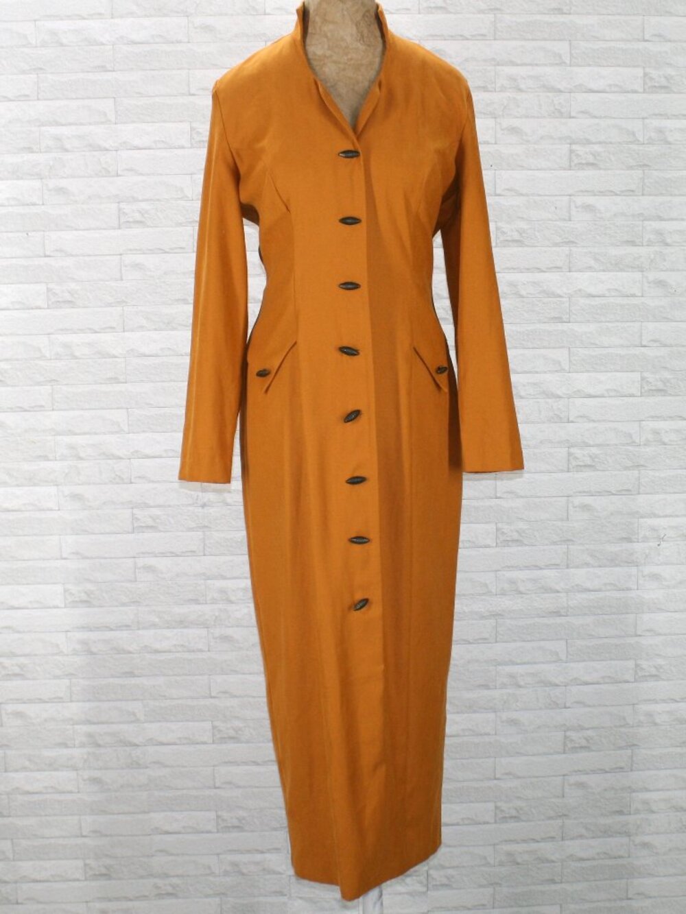 VINTAGE FAROUCHE Coat Dress Maxi Suede Tailored 90's Long Sleeve Mustard Orange